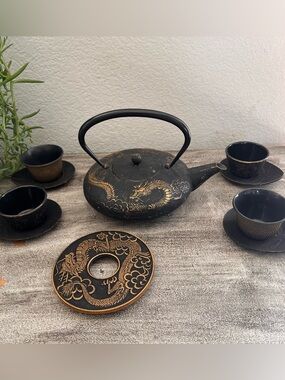 Golden Dragon Cast Iron Teapot with 4
Dragonfly saucers, 4 Tea Cups Set of 12